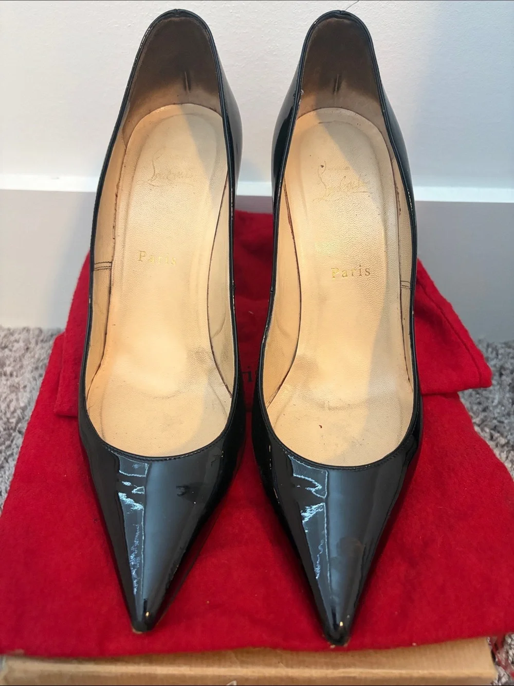 Christian Louboutin Black Patent Leather Stiletto Pumps with Red Soles - Picture 2 of 6